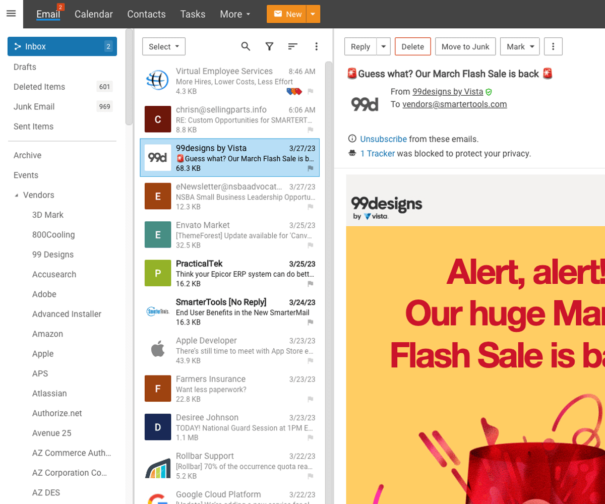 SmarterMail webmail inbox with folders, a message list and the reading pane