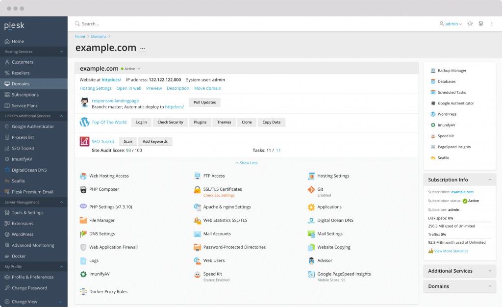 The Plesk control panel for a website: files, databases, SSL, WordPress, backups and email